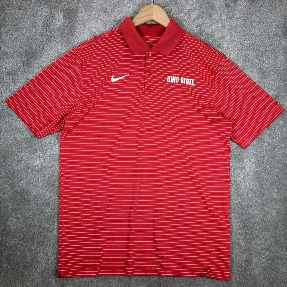 Nike Ohio State Buckeyes Polo Shirt Mens M Red Striped Dri Fit Short Sleeve Golf
